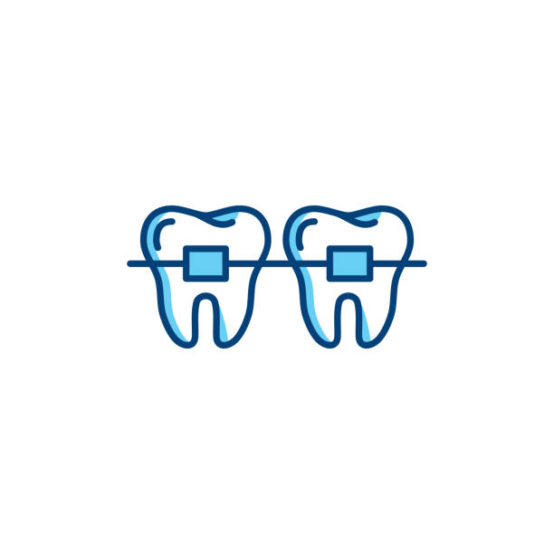 Dental braces icon, orthodontic teeth line icons. Vector thin line art design Dental braces icon, orthodontic teeth line icons. Vector flat illustration braces stock illustrations