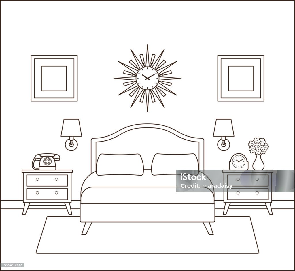 Bedroom interior. Hotel room with double bed. Vector illustration. Hotel room. Bedroom interior. Vector. Outline retro home space in line art flat design. House modern illustration. Vintage apartment with bed. Linear background. Black white sketch 1960s - 1970s. Domestic Room stock vector