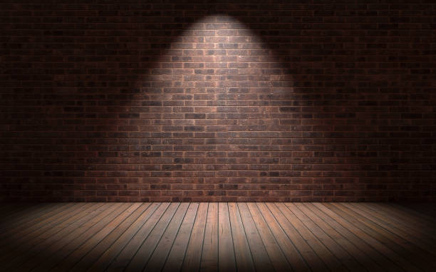 Empty room with red brick wall and wooden floor. 3d rendering stock photo