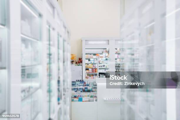 Transparent Glass Showcase Locating In Drugstore Stock Photo - Download Image Now - Pharmacy, Checkout, No People