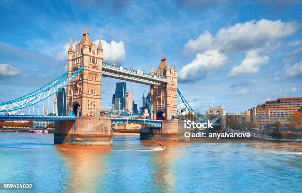 Tower Bridge On A Bright Sunny Day In Autumn Stock Photo - Download Image Now - London - England, Tower Bridge, Bridge - Built Structure