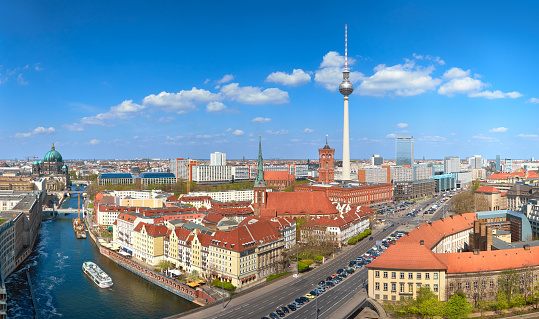 Aerial view of central Berlin on a bright day in Spring, including river Spree and Alexanderplatz TV tower