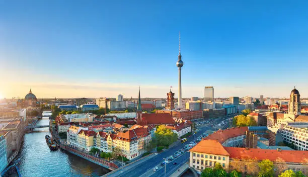 Aerial view of central Berlin on a bright day in Spring, including old City Hall and television tower on Alexanderplatz