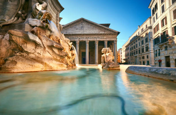 Fountain on Piazza della Rotonda with Parthenon behind, Rome, Italy stock photo