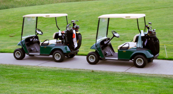 Two golf carts by the putting green