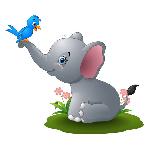 Cartoon baby elephant playing with blue bird Vector illustration of Cartoon baby elephant playing with blue bird elephant ear plant stock illustrations