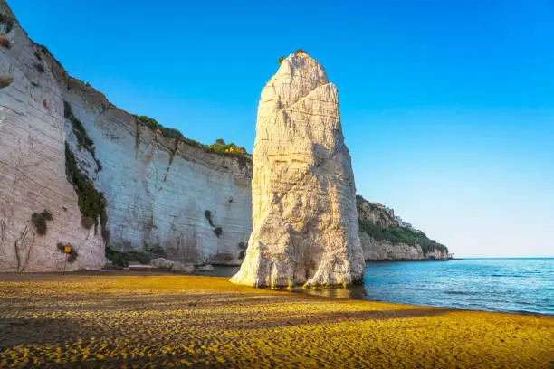 Vieste and Pizzomunno rock beach shoreline, Gargano peninsula, Apulia, southern Italy, Europe.