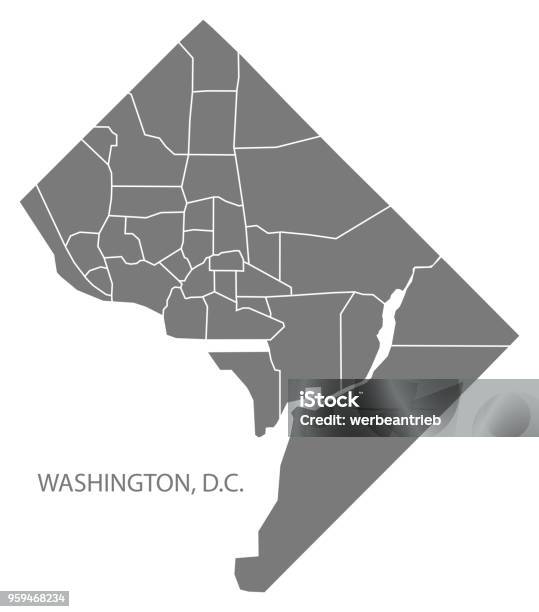 Carte De Ville De Washington Dc Avec Quartiers Gris Forme Silhouette Illustration Vecteurs libres de droits et plus d'images vectorielles de Washington DC