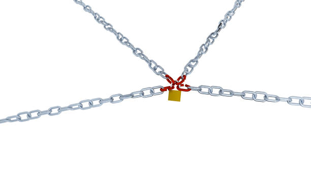istock Large View of Four Long Chains with Four Red Link Locked with a Padlock 959469546