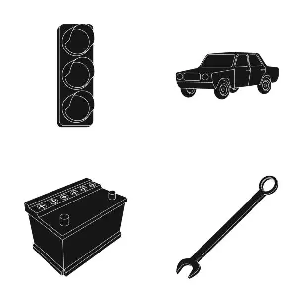 Vector illustration of Traffic light, old car, battery, wrench, Car set collection icons in black style vector symbol stock illustration web.