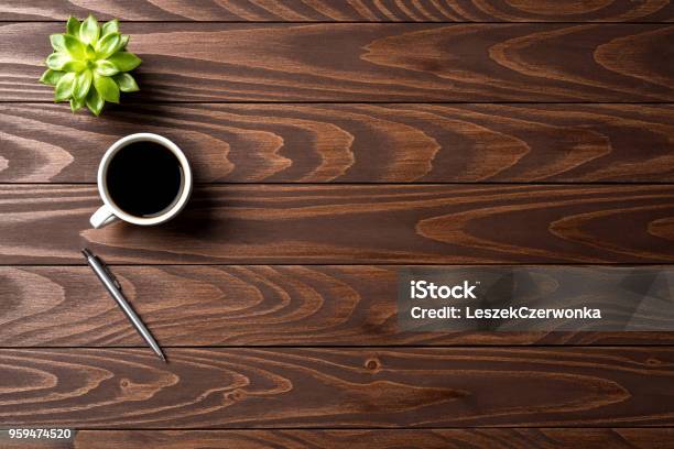 Office Desktop With Cup Of Coffee Top View Stock Photo - Download Image Now - Desk, Table, Wood - Material