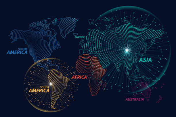 ilustraciones, imágenes clip art, dibujos animados e iconos de stock de concepto de globalización mapa mundo digital moderno. ilustración de vector - grand atlas