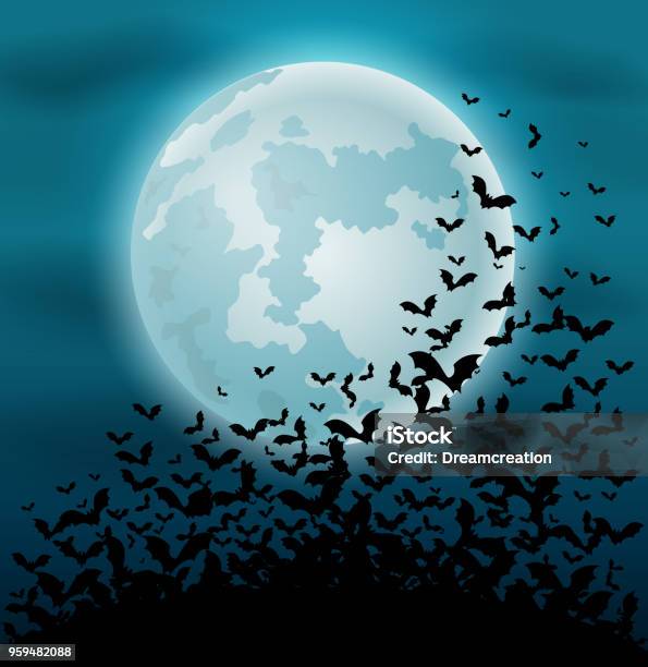 Halloween Night Background With Bat And Full Moon Stock Illustration - Download Image Now - Bat - Animal, Flying, Halloween