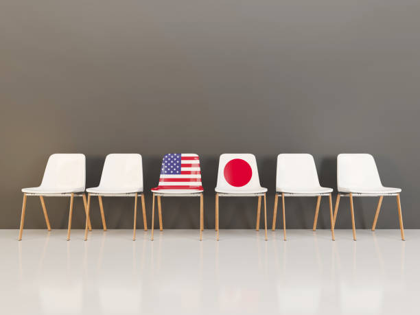 Chairs with flag of usa and japan stock photo
