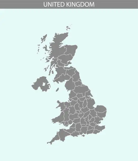 Vector illustration of United Kingdom map vector outline illustration gray and blue background. Highly detailed accurate map of UK with provinces or counties borders