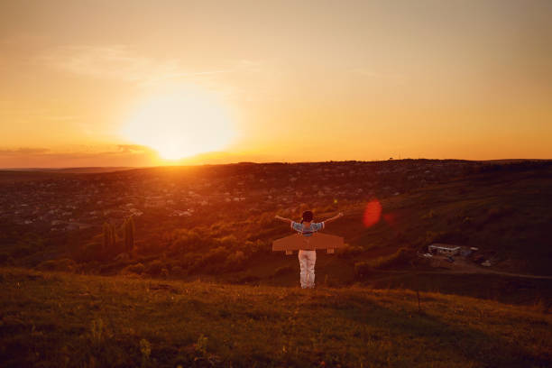 istock Boy is playing with an airplane on the nature at sunset 959483838