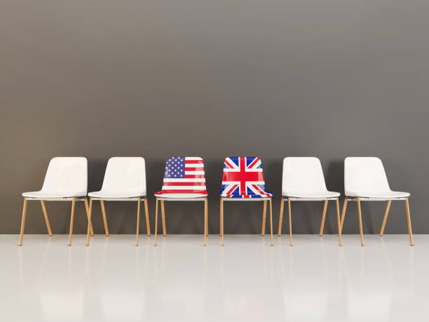 Chairs with flag of usa and uk stock photo