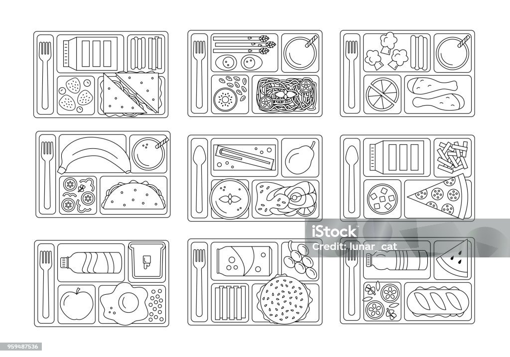 Set lunches in line style Set lunches on a tray. Line style. Healthy food. Element for tour design. Vector illustration. Tray stock vector