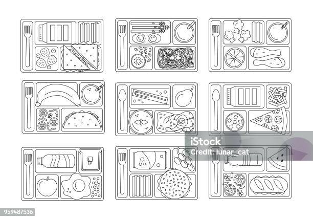 Set Lunches In Line Style Stock Illustration - Download Image Now - Tray, Icon Symbol, Cafeteria