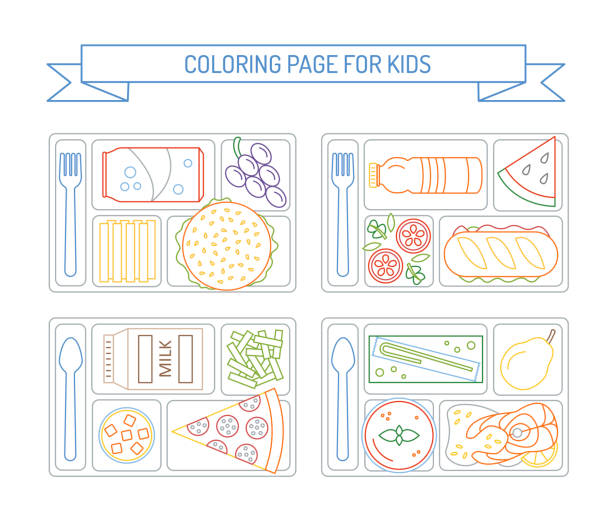 ilustrações, clipart, desenhos animados e ícones de páginas para colorir para crianças - tray lunch education food