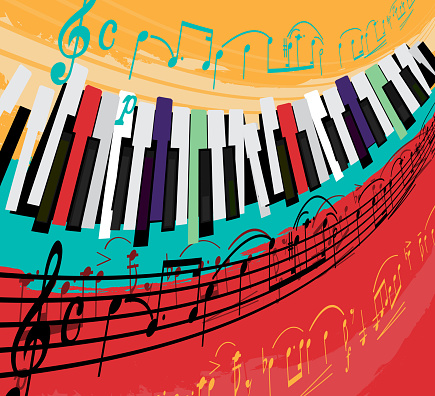 Retro jazz festival poster with a piano keyboard in bright colors. Editable vector illustration. Portrait image in a modern style useful for musical concert or festival poster design.