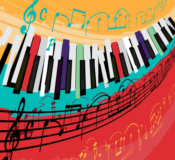 Jazz Poster Background Retro jazz festival poster with a piano keyboard in bright colors. Editable vector illustration. Portrait image in a modern style useful for musical concert or festival poster design. swing dancing stock illustrations
