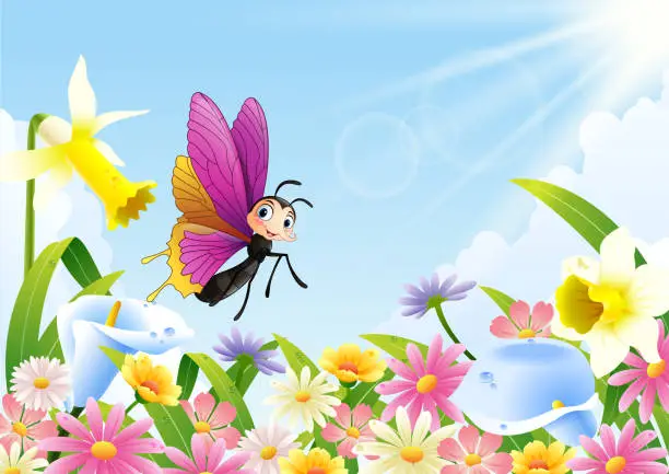 Vector illustration of Cute butterfly flying on flower field