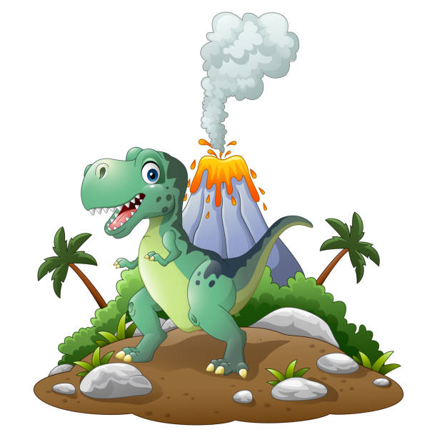 istock Cartoon happy dinosaur in the prehistoric background 959501886