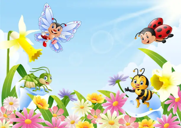 Vector illustration of Cartoon insects on flower field
