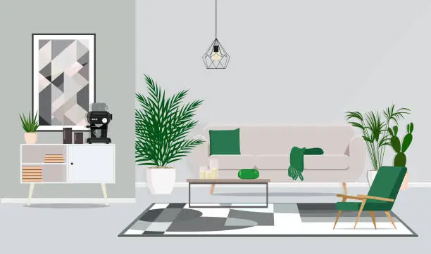 Vector illustration of Interior design of the room, office for discussion and coffee pauses. Vector flat illustration