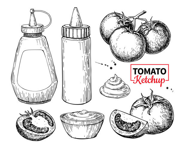 бутылка кетчупового соуса с помидорами. векторный рисунок. пищевой вкус - mustard bottle sauces condiment stock illustrations