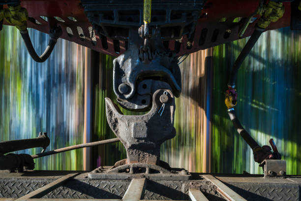 Train Towing Very sensitive, Old rust Rail joints ,Close up of a Train car coupler joint trains and industry. Rail joints coupling stock pictures, royalty-free photos & images