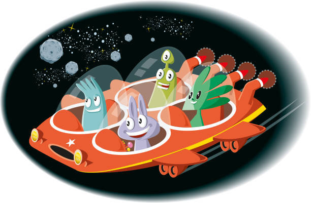 illustrazioni stock, clip art, cartoni animati e icone di tendenza di astronave e alieni - flying vacations doodle globe