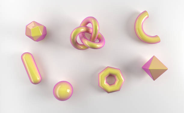 istock Realistic primitives on background.  Spheres, torus, tubes, cones and other geometric shapes in gold, holographic glass colors for trendy designs.3D Rendering 959516544