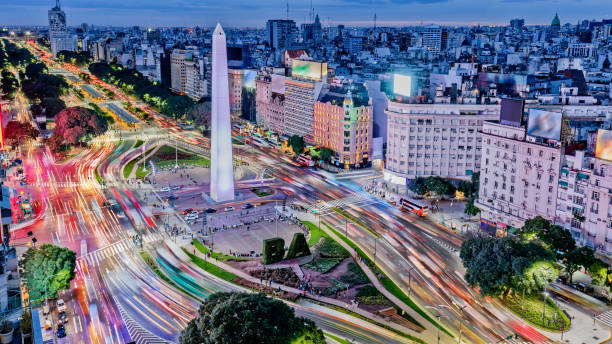 Argentina Buenos Aires downtown with traffic cars at night arround the Obelisco