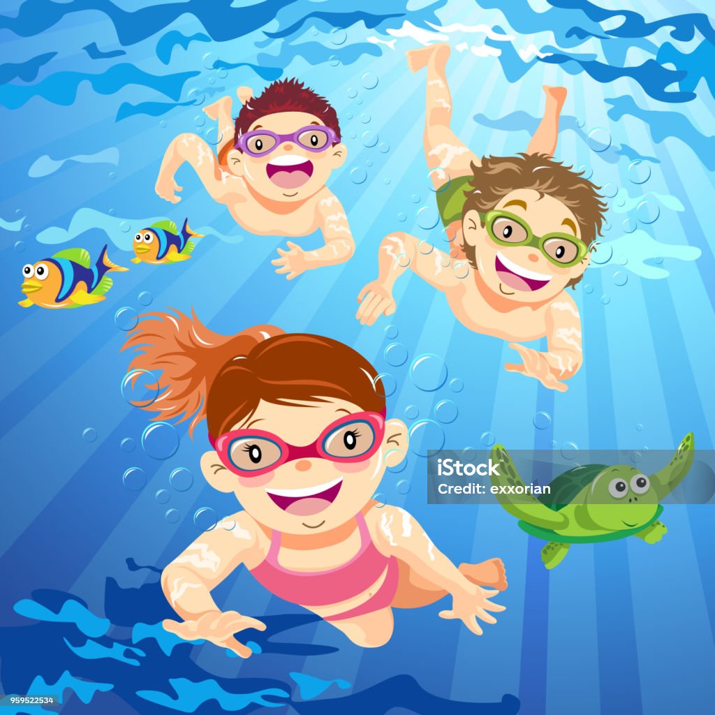 Children Snorkeling In Summer Three Children snorkeling in summer. Child stock vector