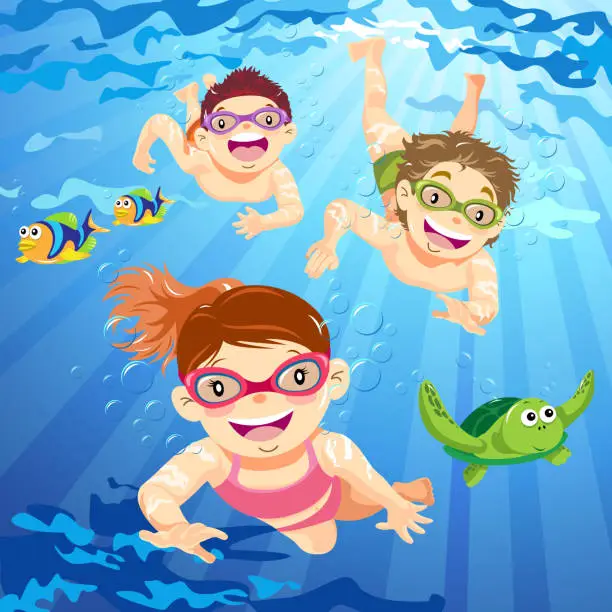 Vector illustration of Children Snorkeling In Summer