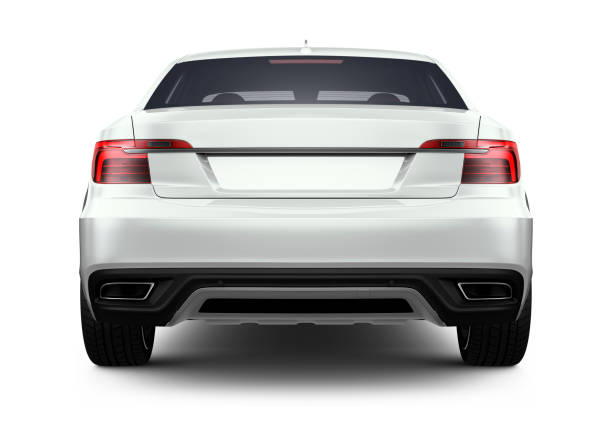 3d illustration of generic white car - rear angle - back imagens e fotografias de stock