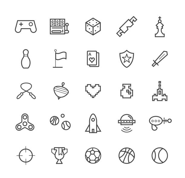 Set of Quality Universal Standard Minimal Simple Black Thin Line Games Icons on White Background Isolated Vector Elements spinning top stock illustrations