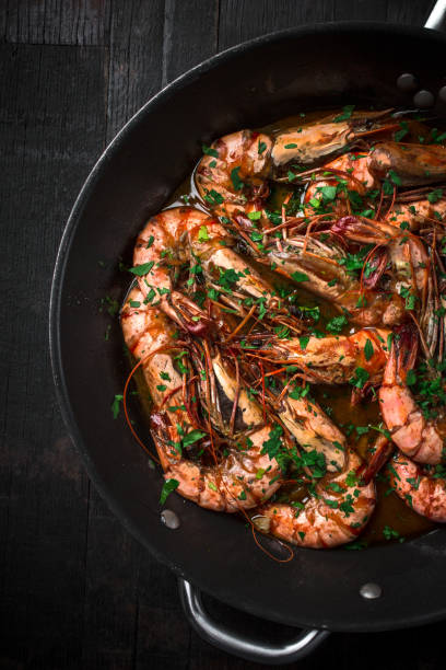 istock Black tiger shrimps - top view. 959531696
