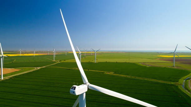 Aerial photography of wind turbines in the english countryside stock photo