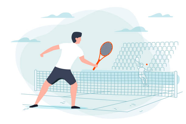 ilustrações de stock, clip art, desenhos animados e ícones de vector illustration tennis game. man with racket - tennis court men racket