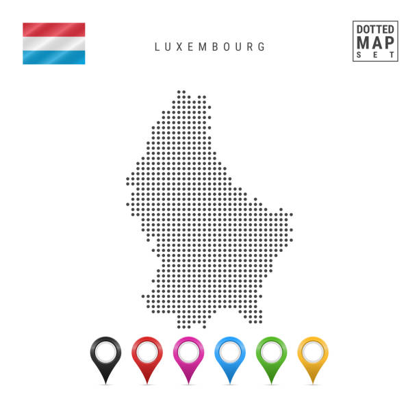 ilustraciones, imágenes clip art, dibujos animados e iconos de stock de vector de puntos mapa de luxemburgo. simple silueta de luxemburgo. bandera de luxemburgo. conjunto de marcadores de mapa multicolor - luxembourg map cartography flag