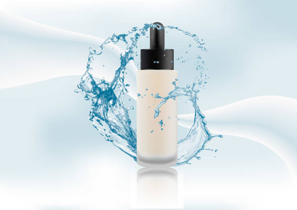istock Advertising magazine page.Realistic transparent glass matte cosmetic bottle for decorative products.Black lid with pipette dispenser on abstract stylish gradient background. Vector illustration. 959537020