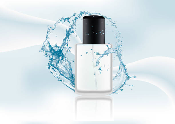 istock Advertising magazine page,Splash of water.Realistic transparent flacon with black lid for cosmetic product,perfume,toilet water isolated on abstract stylish gradient background .Vector illustration. 959537322