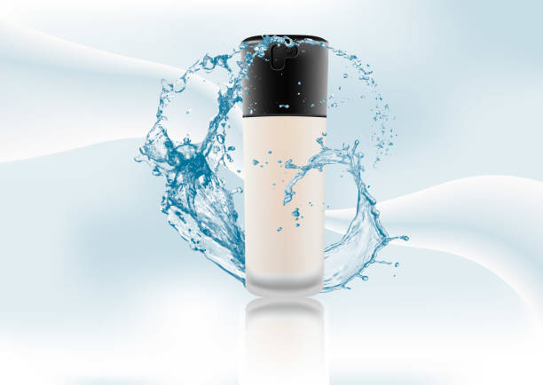 istock Advertising magazine page.Realistic transparent glass matte cosmetic bottle for decorative products.Black lid with dispenser on abstract stylish gradient background.Vector illustration. 959537450