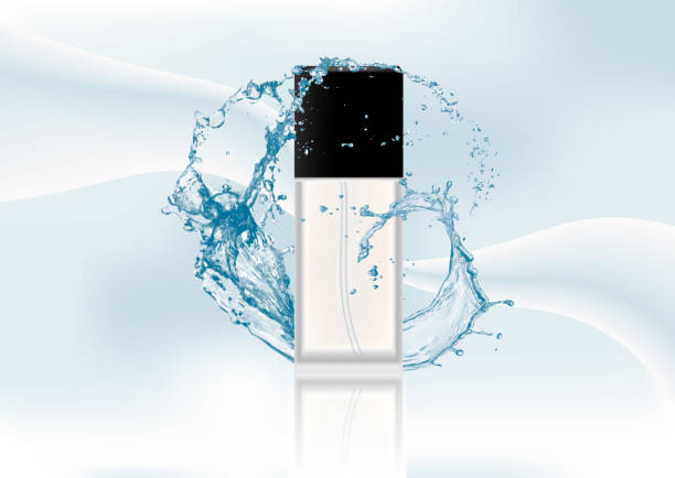 istock Advertising magazine page,Splash of water.Realistic transparent flacon with black lid for cosmetic product,perfume,toilet water isolated on abstract stylish gradient background .Vector illustration. 959537470