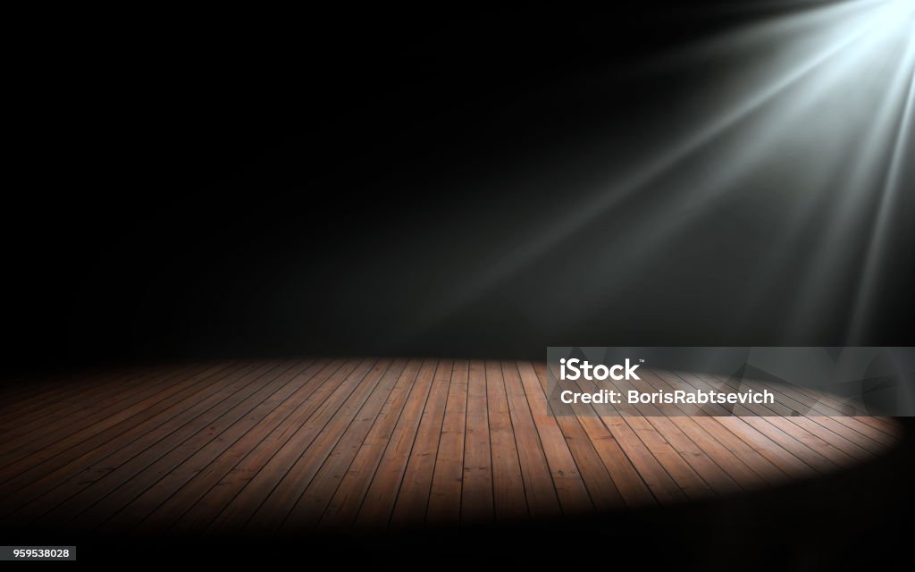 Light on wooden floor in empty room. 3d rendering Stage - Performance Space Stock Photo