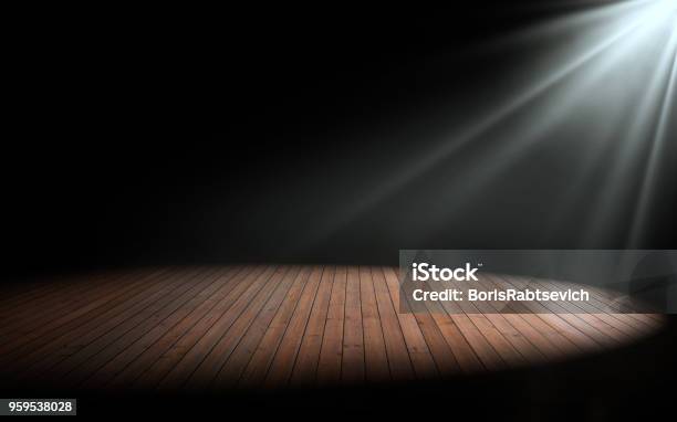 Light On Wooden Floor In Empty Room 3d Rendering Stock Photo - Download Image Now - Stage - Performance Space, Stage Theater, Spotlight