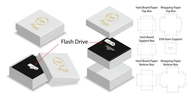 Vector illustration of rigid box for flash drive packaging die-cut mockup